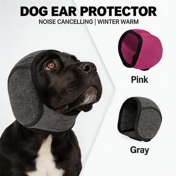 A black and white dog is wearing a gray ear protector, with pink and gray versions shown separately.