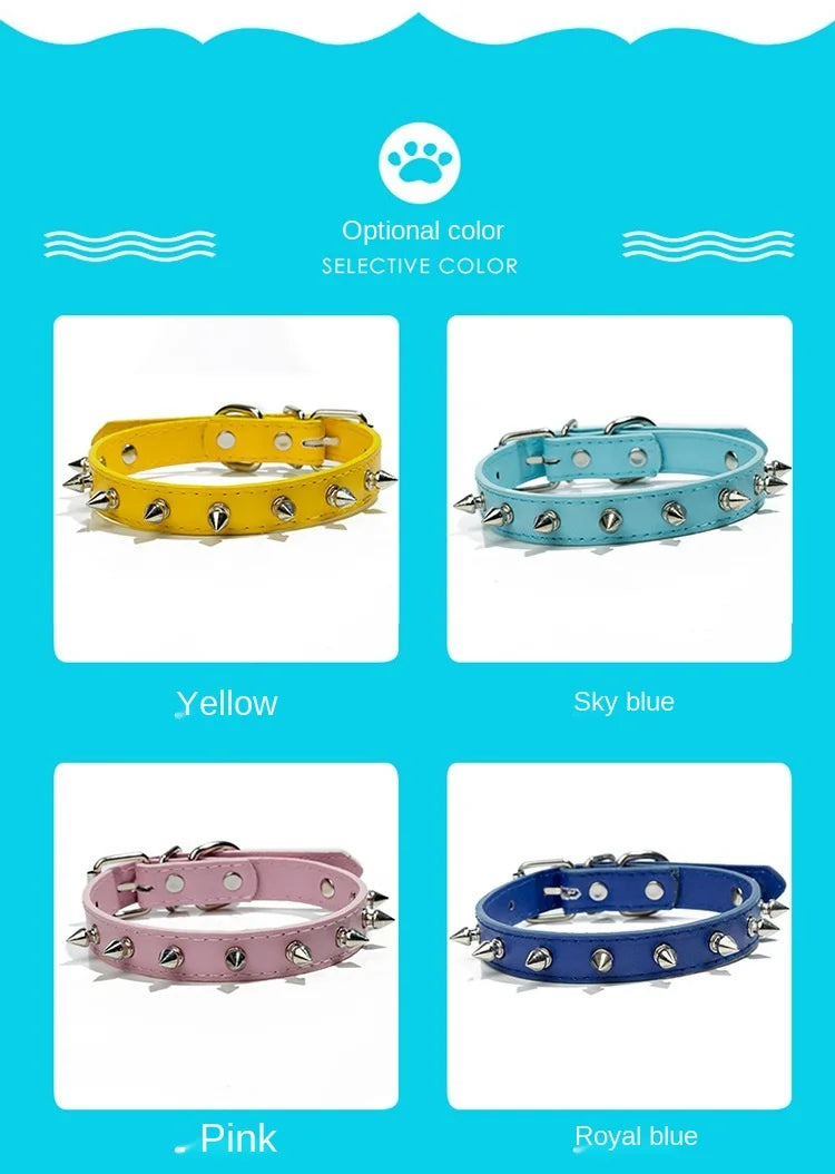 A selection of studded leather dog collars in yellow, sky blue, pink, and royal blue.