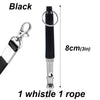 Black adjustable ultrasonic dog whistle with a metal clip and rope