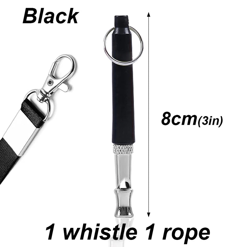 Black adjustable ultrasonic dog whistle with a metal clip and rope