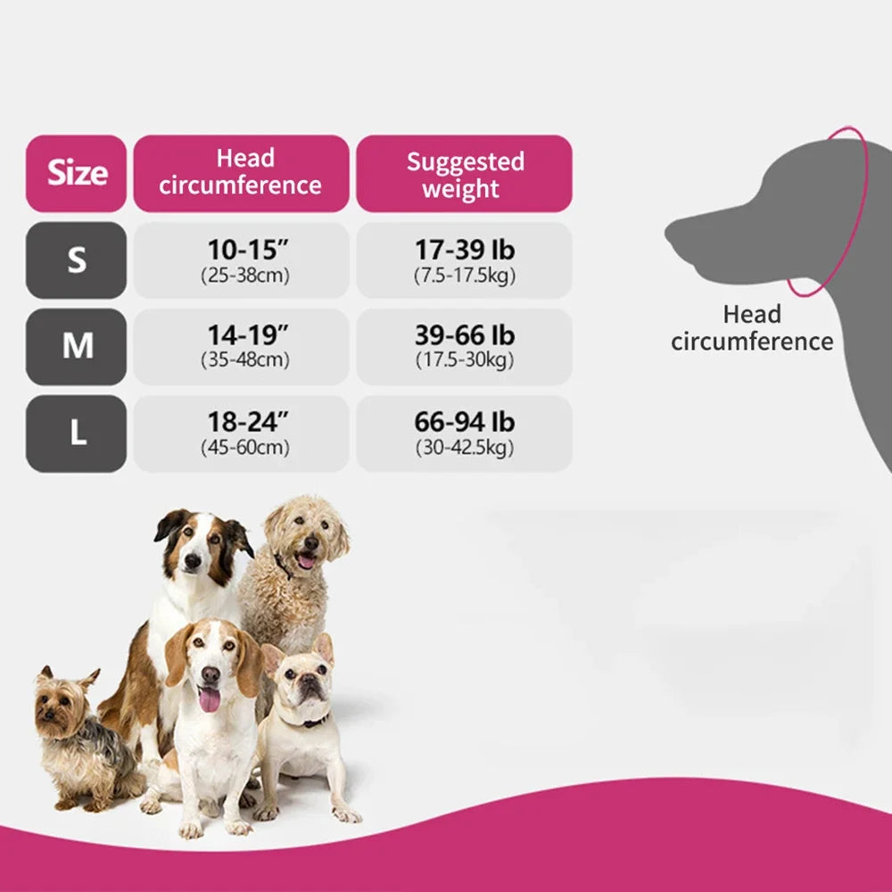 A chart detailing sizes, head circumference measurements, and suggested weights for pet noise reduction ear muffs.