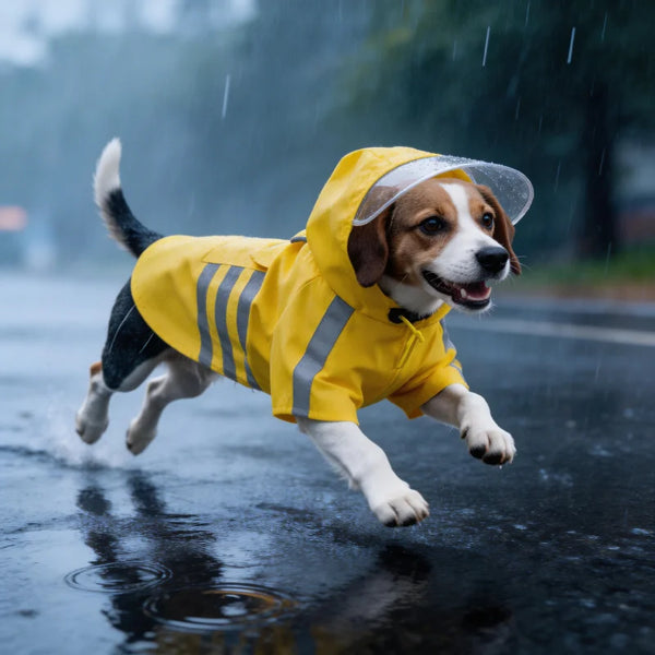 A brown and white dog wearing a yellow waterproof raincoat with reflective stripes running on wet pavement in the rain.
