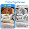 Comparison showing electrostatic pet hair removal gloves working on a brown coat and gray fabric, demonstrating before and af