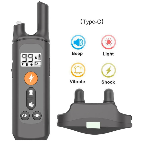 A black electric dog training collar with a remote control and various functions like beep, light, vibrate, and shock.