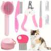 Multi-Werkzeug-Kit für Tierpflege mit rosa und silbernen Bürsten, Kämme und Scheren neben einer Katze.