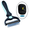 A black pet grooming brush with a light blue handle and a black rubber attachment shown next to the product.
