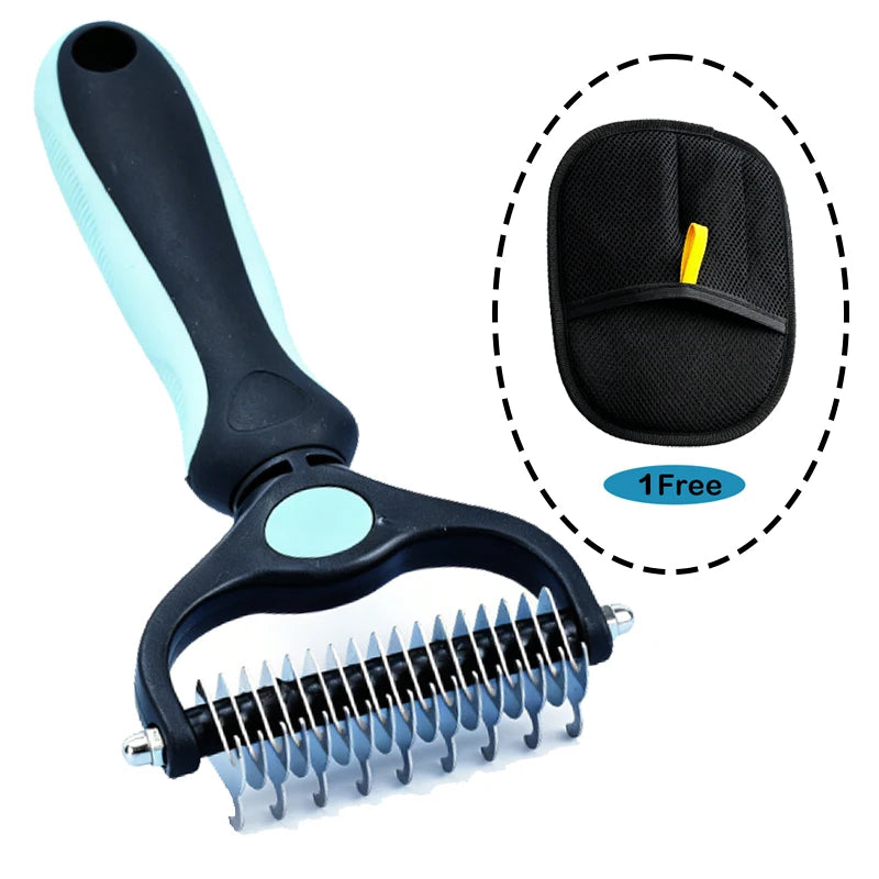 A black pet grooming brush with a light blue handle and a black rubber attachment shown next to the product.