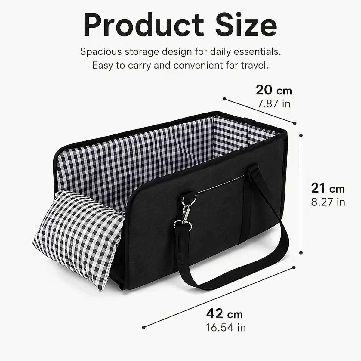 Black foldable dog car seat with anti-slip base and safety frame shown with dimensions.