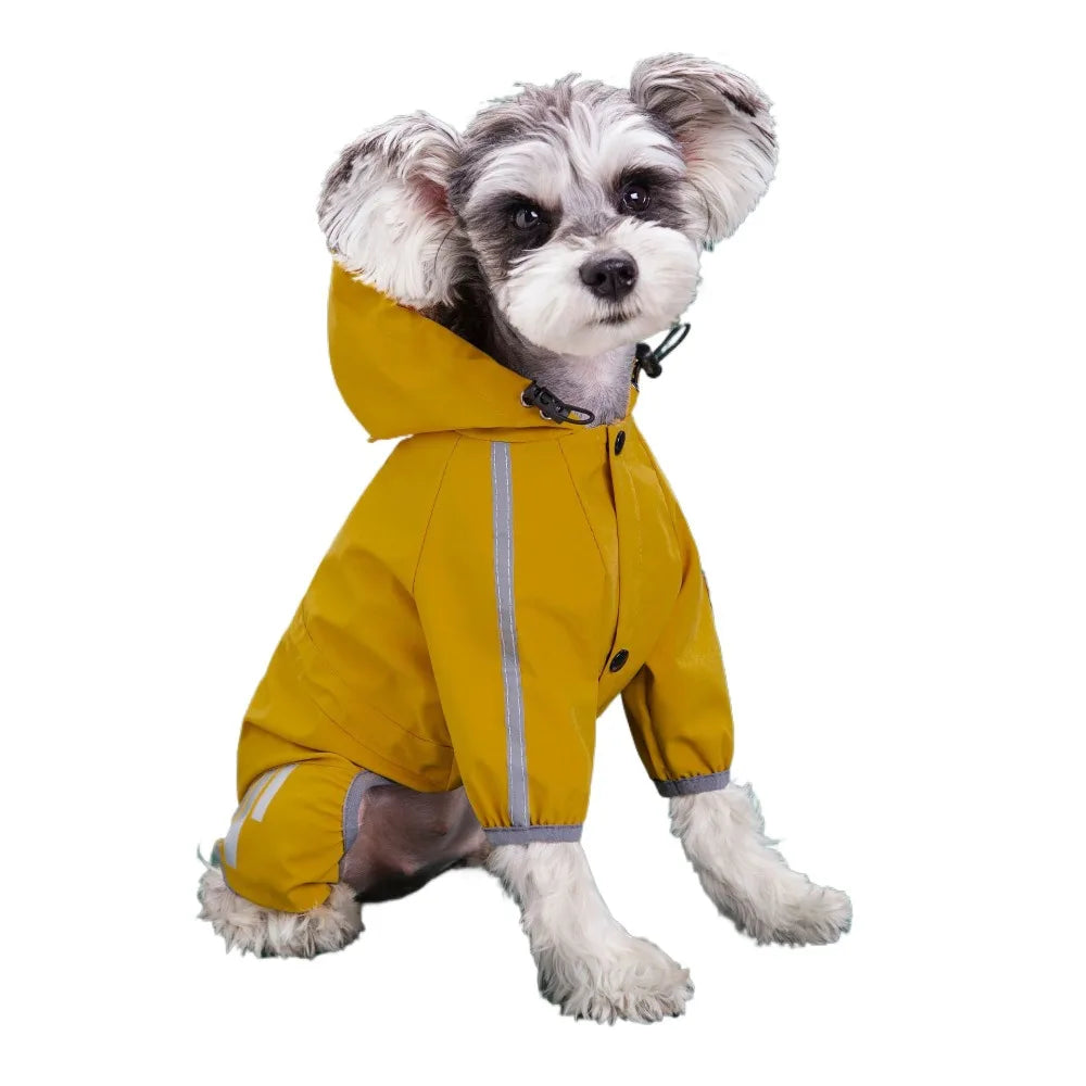 A small, fluffy dog wearing a yellow waterproof raincoat with reflective gray stripes.