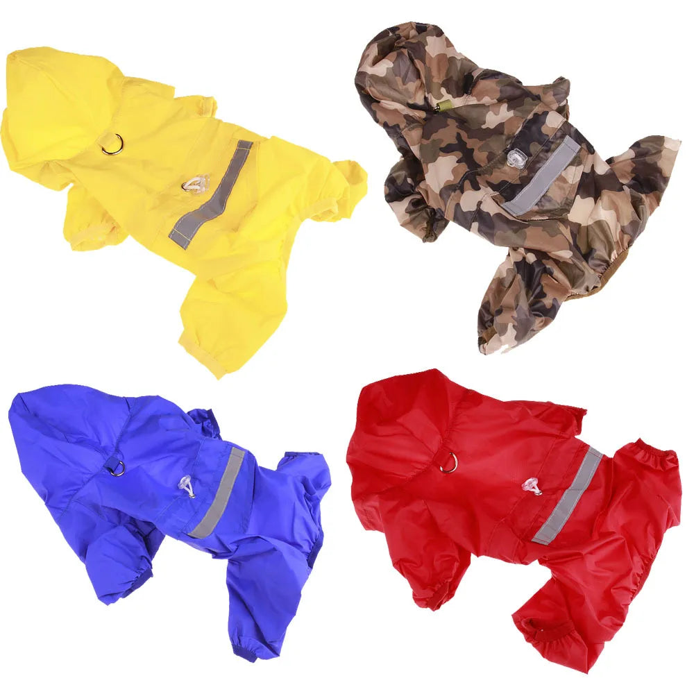 Three waterproof raincoats for dogs in yellow, camouflage, and red.