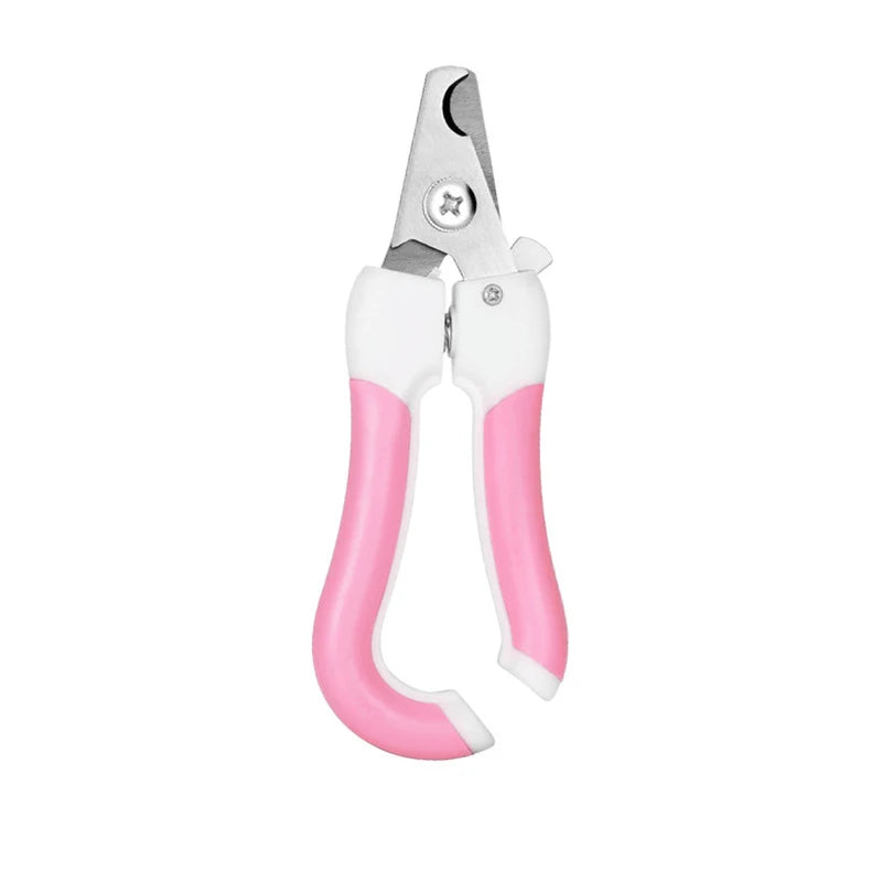 Stainless steel pet nail clippers with pink and white handles for dogs and cats