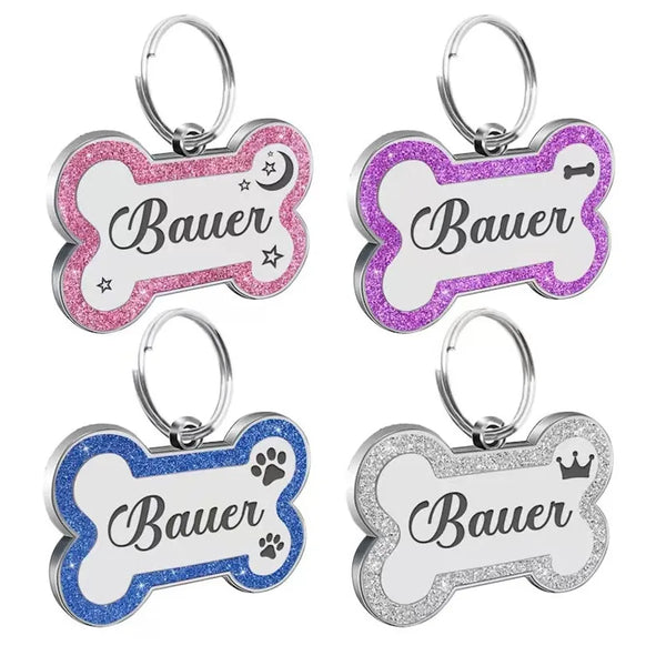 Ensemble de quatre étiquettes ID personnalisables en paillettes en forme d'os pour chiens et chats