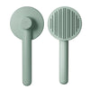 A light green one-button pet hair removal brush for cats and dogs with a circular head and long handle.