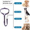Arnés ajustable morado para mascotas, con ilustraciones de perros y gatos clasificados por tamaño.