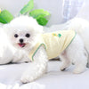 Un perro blanco esponjoso con un collar fino de tiras amarillas de verano y un diseño bordado de hoja verde.