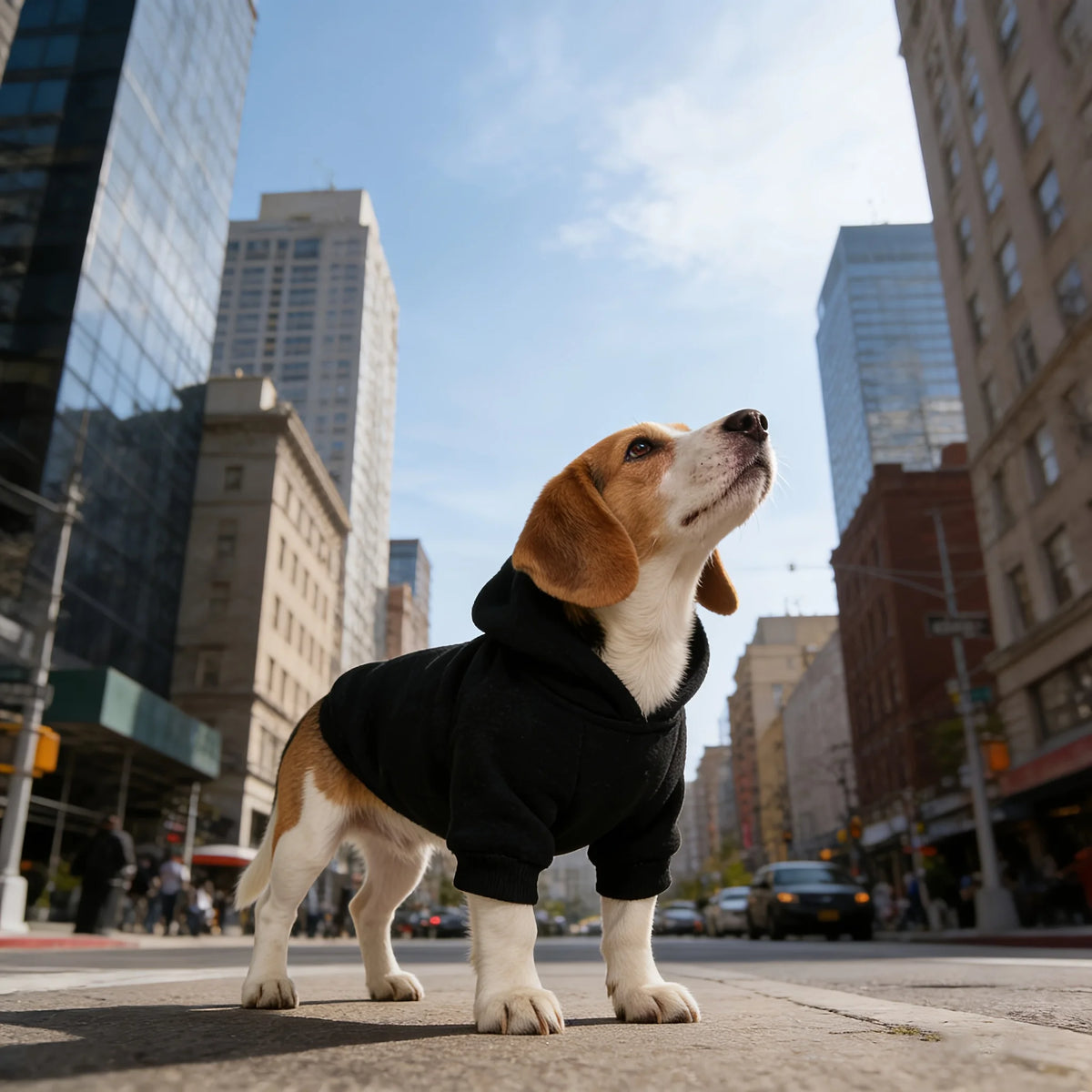 A light brown and white dog wearing a black hooded sweatshirt stands on a city sidewalk.