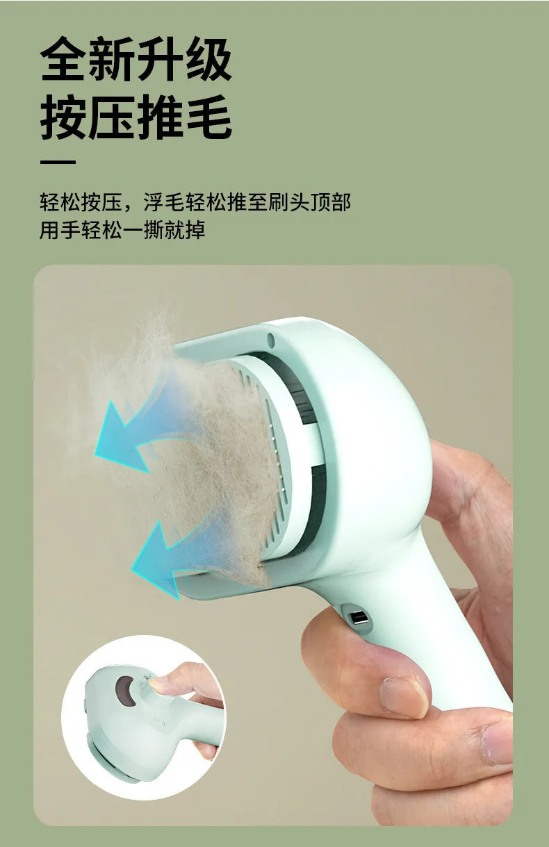 A hand is using a light-pressure comb to brush pet fur from the scalp, demonstrating a new-level grooming tool.