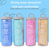 Four clear storage buckets filled with soft, absorbent pet towels in blue, green, pink, and yellow.