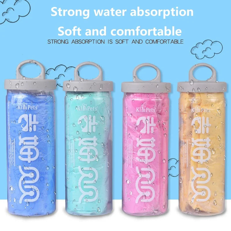 Four clear storage buckets filled with soft, absorbent pet towels in blue, green, pink, and yellow.