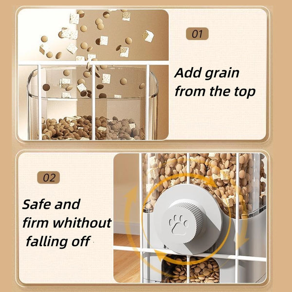 Diagram showing how to add grain from the top into an automatic gravity pet feeder bowl and ensure it stays firm.