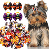 A Yorkshire Terrier dog wearing Halloween pumpkin print hair bows with rubber bands.