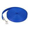 Blue durable nylon dog training leash coiled on a white background