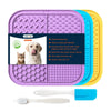 A silicone lick mat for dogs and cats in purple, blue, and yellow colors with a silicone tool.