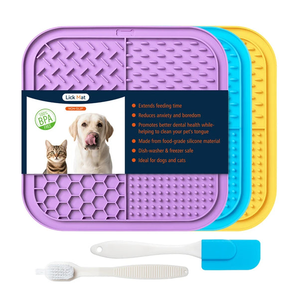 A silicone lick mat for dogs and cats in purple, blue, and yellow colors with a silicone tool.