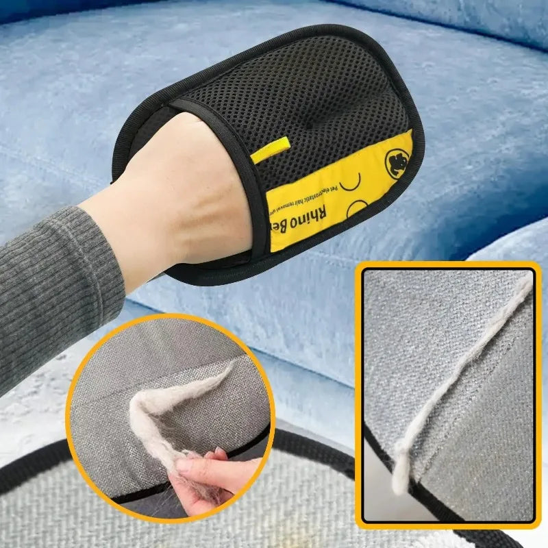 A hand wearing a black reusable pet hair remover glove with a yellow grip is shown next to a close-up of the fabric being cle