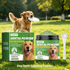 A brown dog is playing with a white dental powder product for dog teeth cleaning powder
