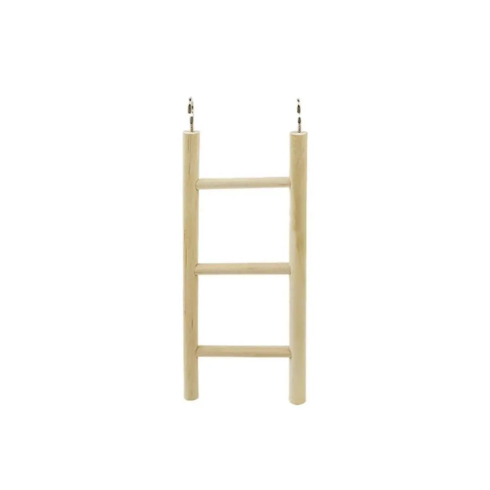 A wooden bird ladder with hooks for climbing and perching.