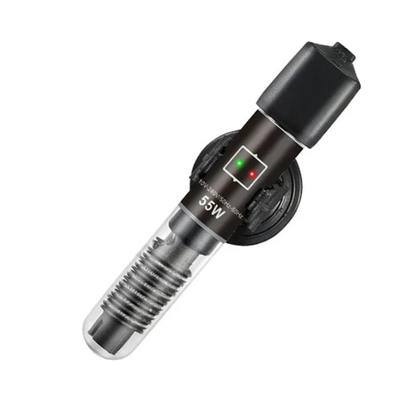 Règleur d'eau automatique noir pour aquarium avec élément chauffant et voyant.
