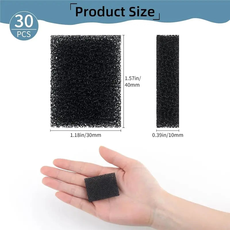 A hand holds a black replacement foam filter for pet water fountains, showing its size and texture.