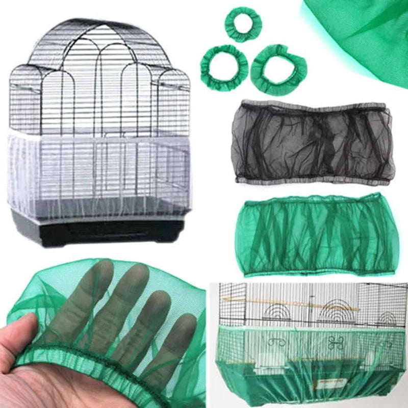 A breathable nylon mesh bird cage cover shown in various forms, including a full cage cover and a hand fitting.