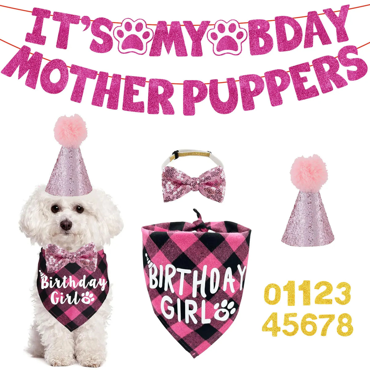 Banner con huella de pata rosa y texto brillante, junto a un juguete blanco esponjoso para perro