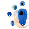 A blue pet training clicker is shown in various views, including a close-up and in use on a dog's ear.