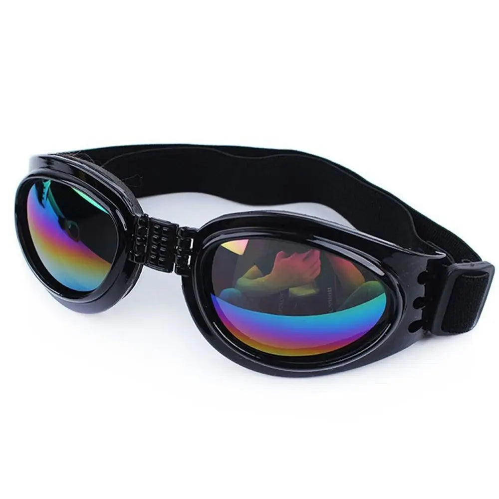 Durable schwarze Hundesignbrille mit UV-Schutz, farbigen spiegelnden Linsen und schwarzem Riemen.
