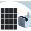 A grid of black replacement foam filters for pet water fountains next to a light blue filter housing.