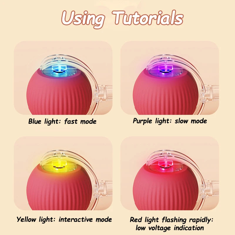 Tutorials showing a pink cat toy ball emitting blue, purple, yellow, and red lights.
