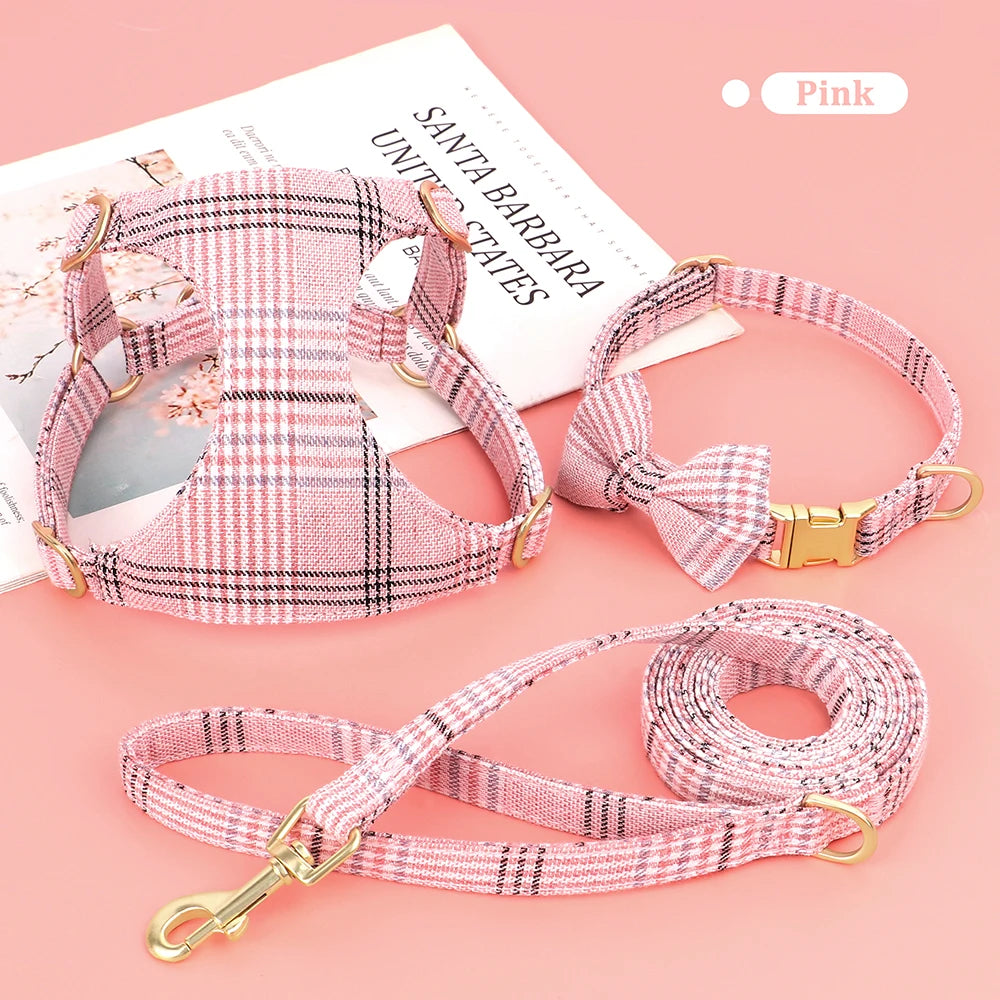 Pink plaid dog collar harness and leash set with a bow tie