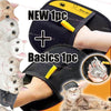 A black double-sided pet grooming glove is shown with a yellow grip, next to a cat's paw.