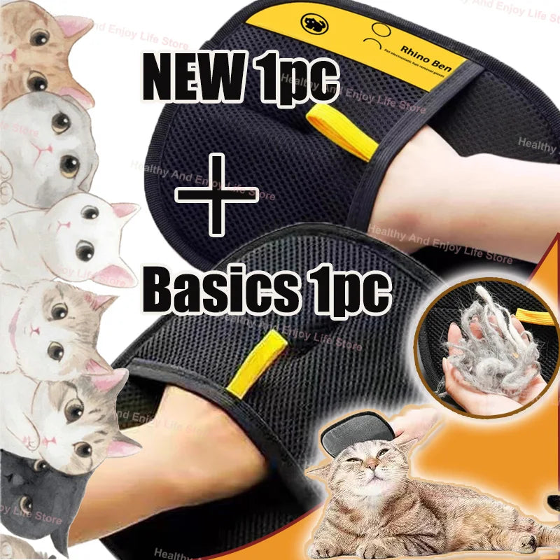 A black double-sided pet grooming glove is shown with a yellow grip, next to a cat's paw.