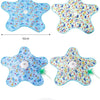 A blue star-shaped interactive cat teaser toy with moving green feathers and a white base.
