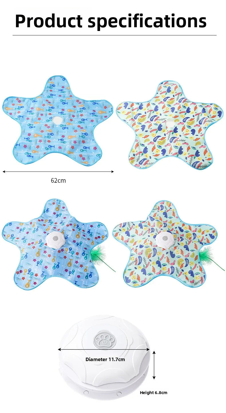 A blue star-shaped interactive cat teaser toy with moving green feathers and a white base.