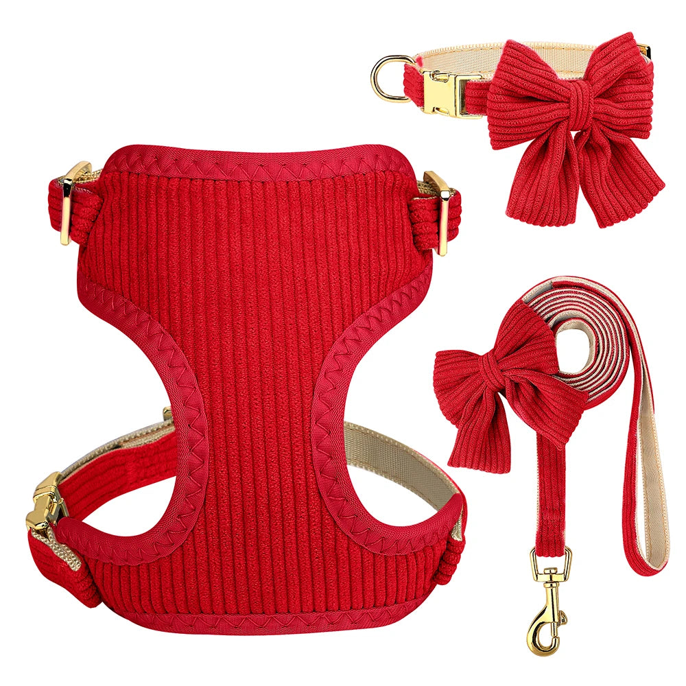 Red breathable dog harness, collar, and leash set with a bowknot