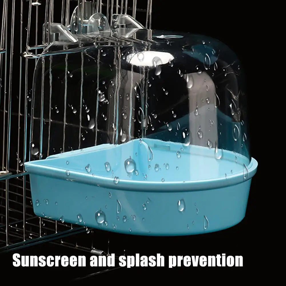 Clear plastic hanging bird bath with a mesh screen for sunscreen and splash prevention