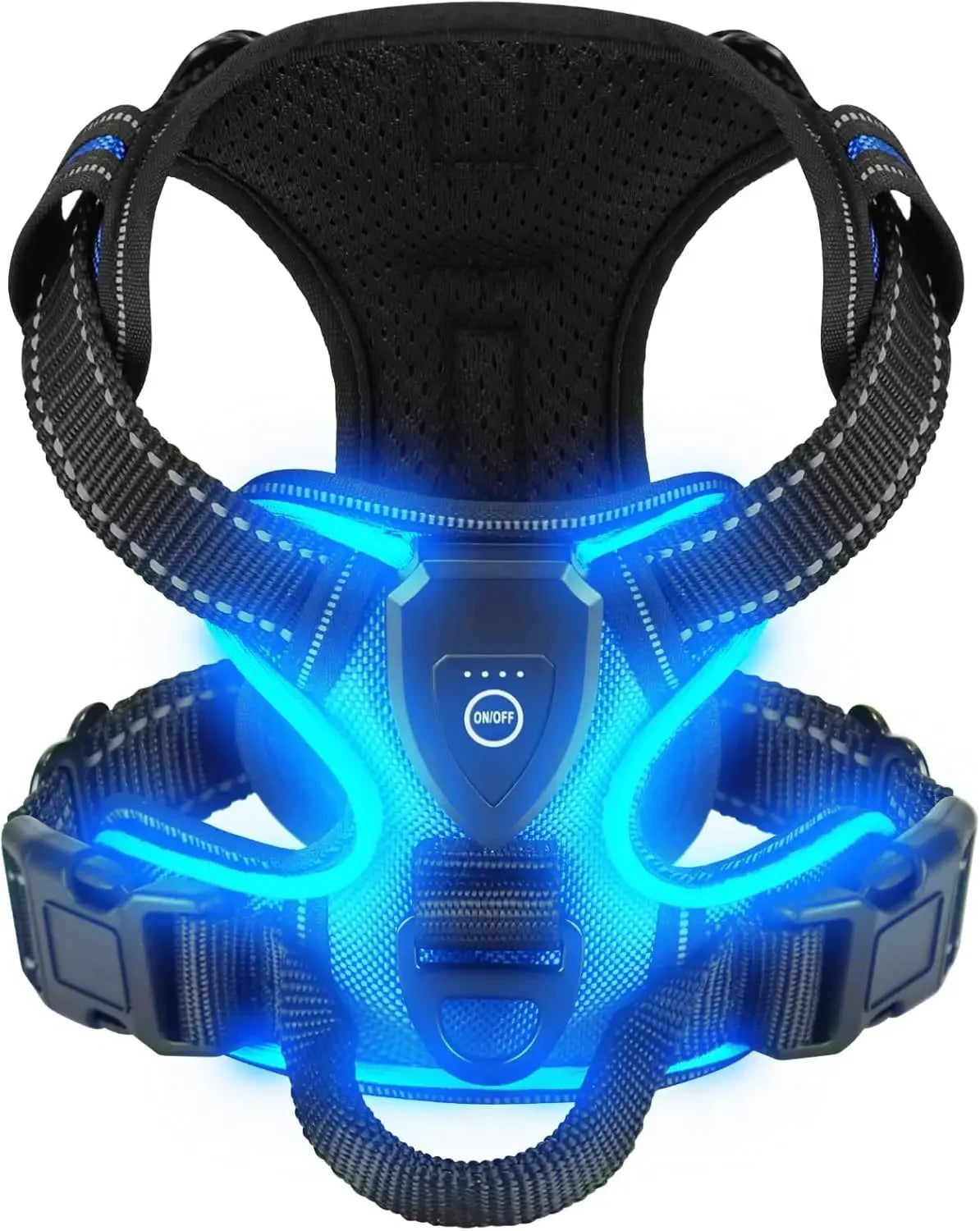A black dog harness with bright blue LED lights glowing around the straps and buckle.
