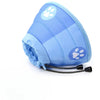 A light blue adjustable recovery collar for cats with a paw print design.