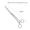 Stainless steel elbow hemostatic forceps shown in a close-up view