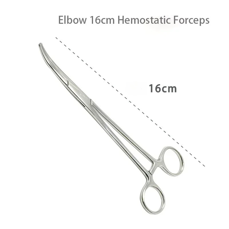 Stainless steel elbow hemostatic forceps shown in a close-up view